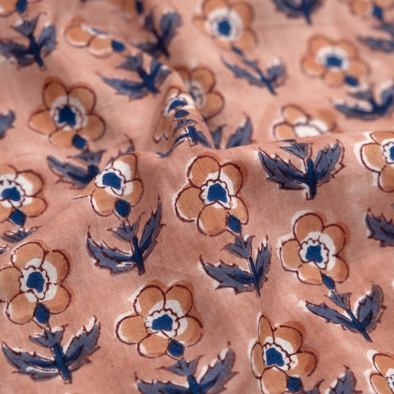 Bloom Block Printed Organic Cotton Batiste - Blush/Bluestone/Denim