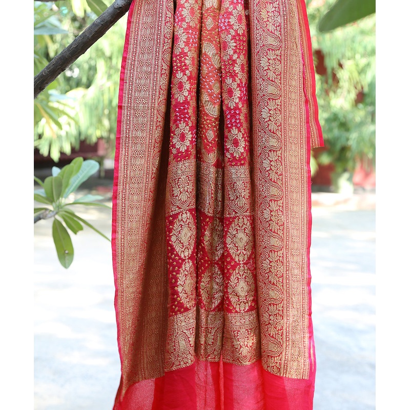 Peach And Pink Dual Tone Handloom Georgette Banarasi Bandhej Dupatta