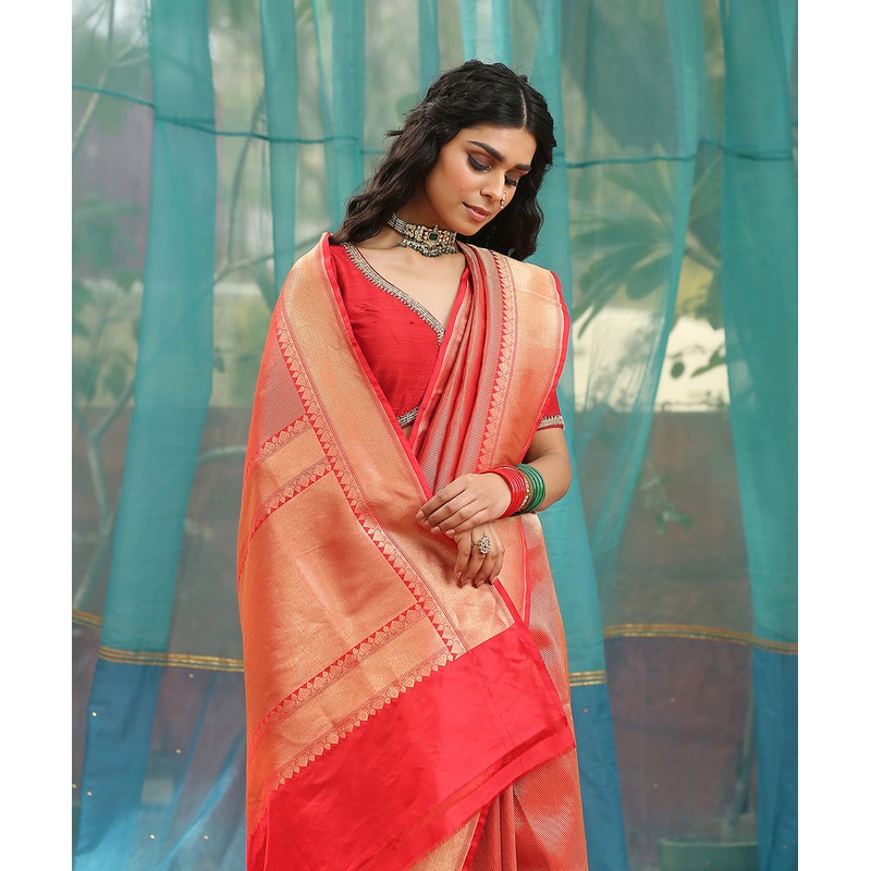 Red And Gold Handloom Pure Katan Silk Aada Bel Zari Kimkhab Banarasi Saree