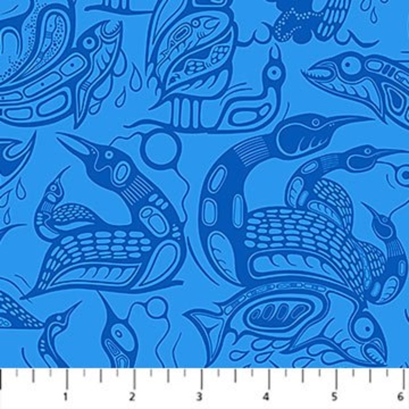 Sacred Earth Quilt Fabric By Mark Anthony Jacobson Tonal Loons - Blue