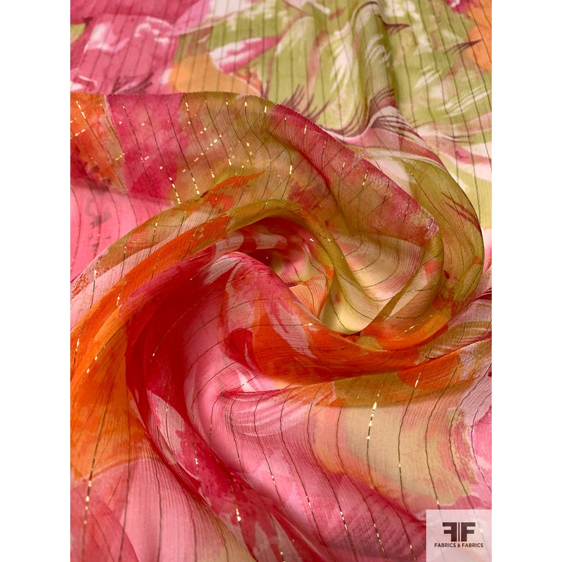 Tropical Floral Printed Silk Chiffon with Gold Lurex Pinstripes - Magenta / Pink / Orange / Lime