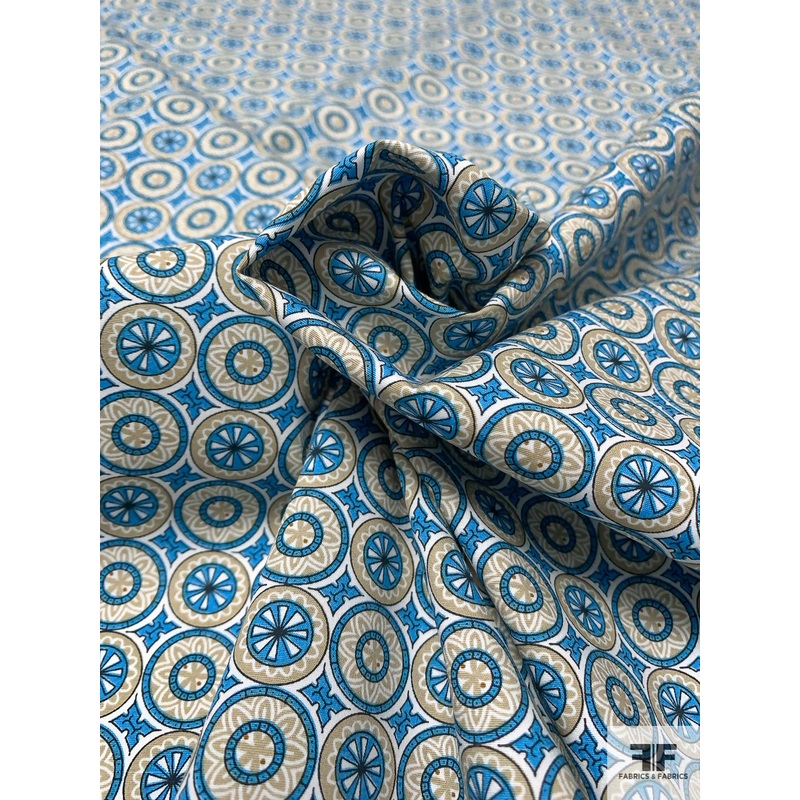 Art Deco Circles Printed Stretch Cotton Poplin - Blue / Light Olive Green / Off-White