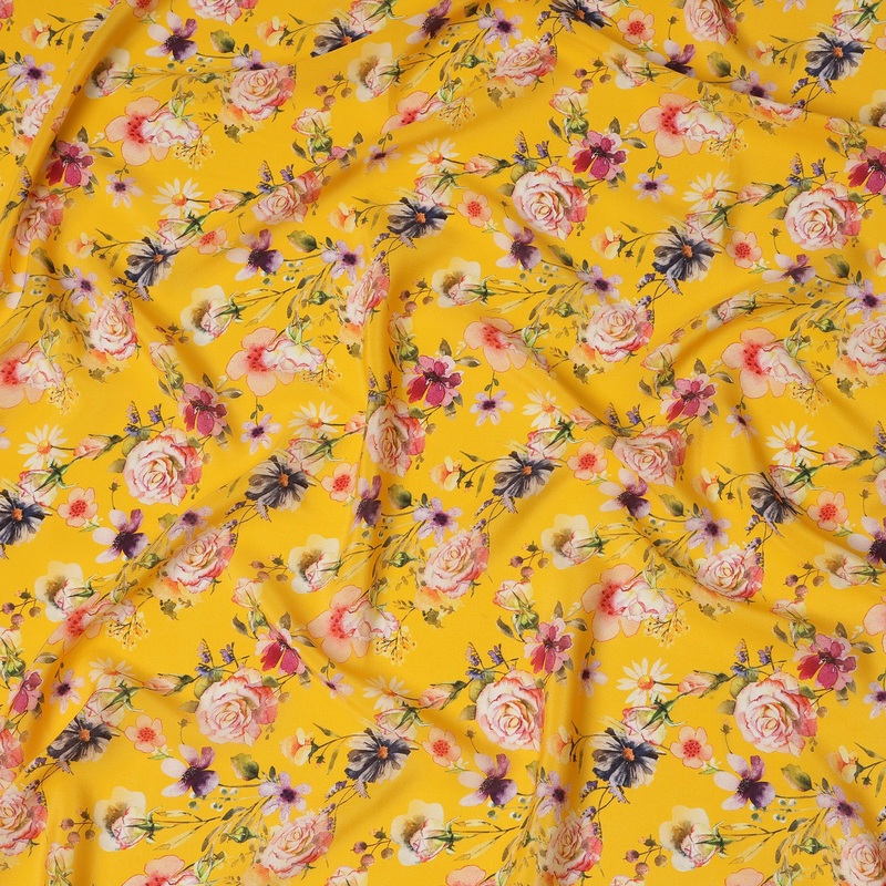 Bright Yellow Multicolor Floral Printed Silk Crepe Fabric with Rose and Wildflower Motifs, 110 Cms Width, Made in India-D23345
