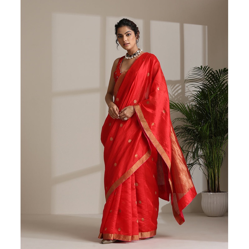 Red Handloom Pure Chanderi Silk Saree With Pure Silk Finishing