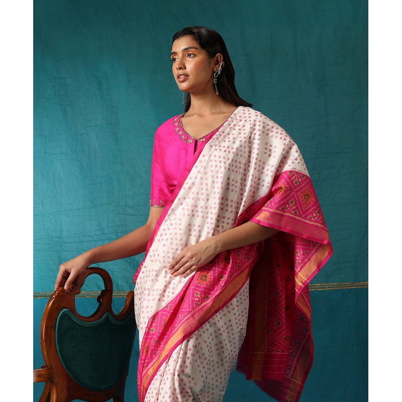White And Pink Handloom Pure Mulberry Silk Ikat Patola Saree With Pink Border