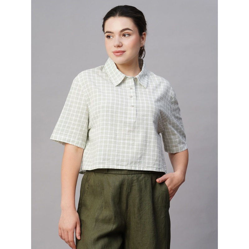 Women's White Cotton Linen Boxy Fit Blouse WHITE