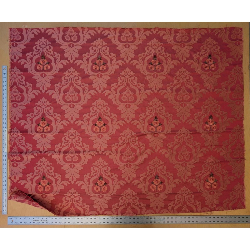 Scalamandre Damask Red Diamond Medallion Renaissance Embroidery Rose Bouquet Silk Blend 55Width x 46 Length