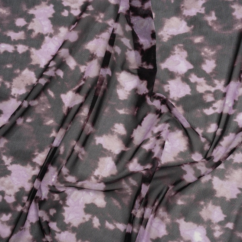 Stretch Polyester Mesh Print - Lilac and Black Tie Dye Spots - Designer Deadstock