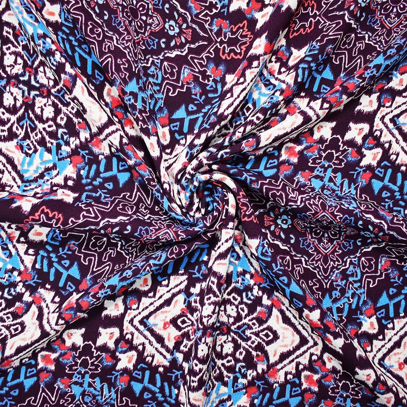 Purple-Turquoise-Multi Poly Diamond Aztec Printed Crepe Dobby Woven Fabric