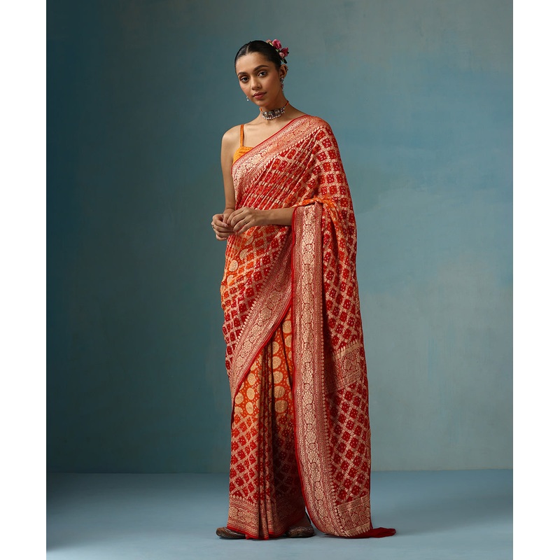 Red And Orange Handloom Ombre Dyed Pure Georgette Banarasi Bandhej Saree