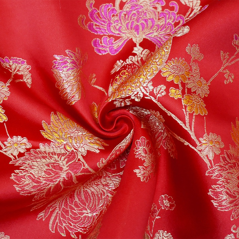 Red-Beige-Multi Polyester Floral Chinese Brocade Woven Fabric
