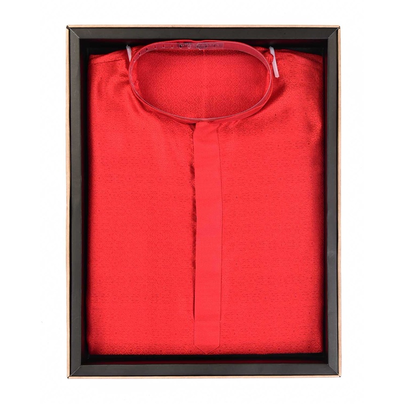 Red Ethnic Mosaic Tanchoi Handwoven Silk Mens Kurta Pyjama