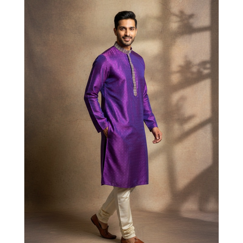 Purple Tanchoi Silk Mens Kurta Pyjama with Gold Zari Acents