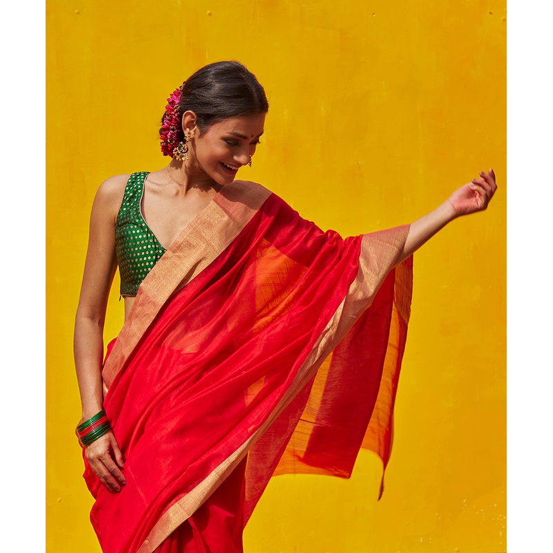 Red Handloom Pure Cotton Chanderi Saree With Zari Border