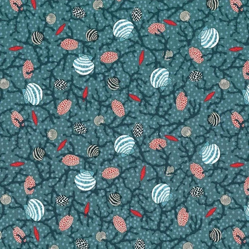 Seashells & Coral Teal Cotton Fabric, DC8480