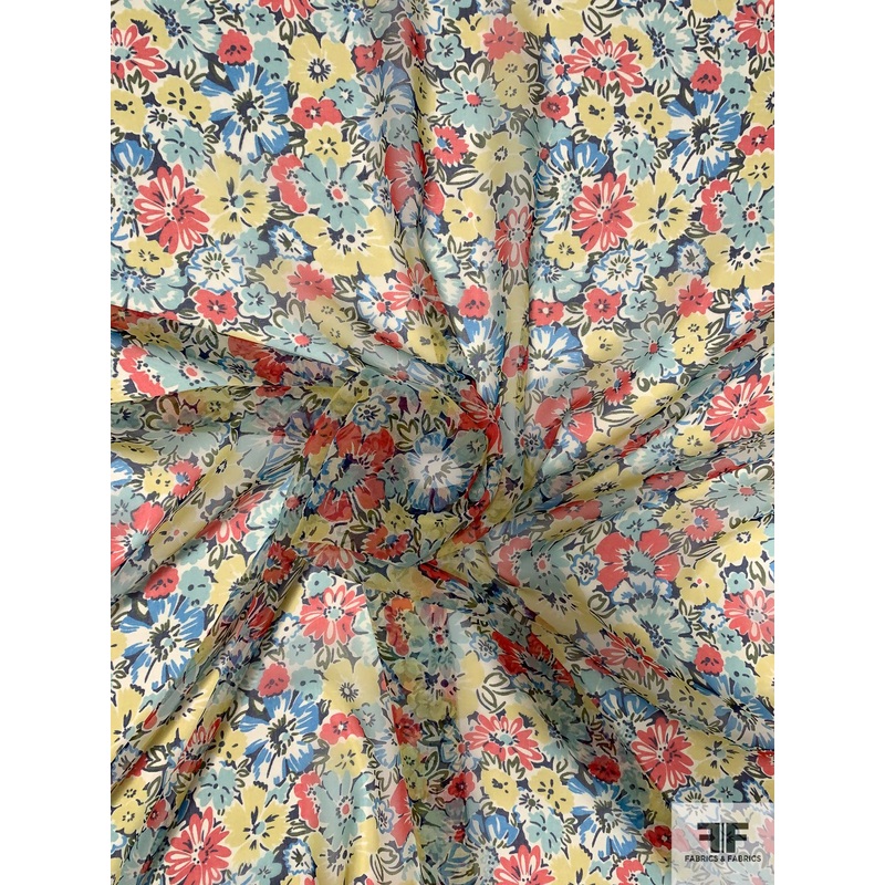 Spring Floral Printed Silk Chiffon - Seafoam / Dark Coral / Yellow / Blue