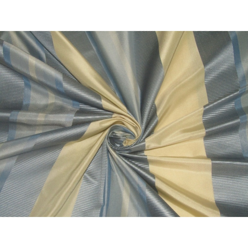 100% Silk Taffeta shades of blue and ivory color stripes 54" wide TAFNEWS10