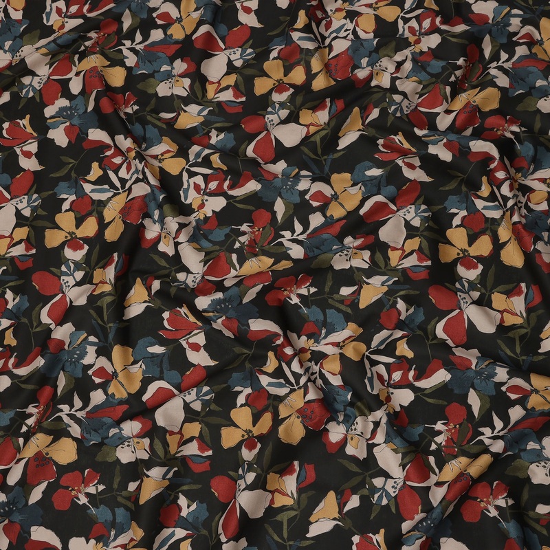 Black Multicolor Floral Print Cotton Lawn Fabric Artistic Bloom Design, 110 cm Width, Made in Japan-D26842