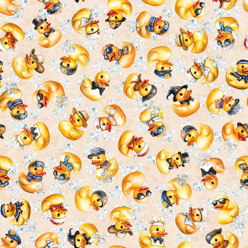 QT Cuties 3 Rubber Duckies Tan Beige Duck Fabric - 31860 - QT Fabrics Quilting Cotton Fabric