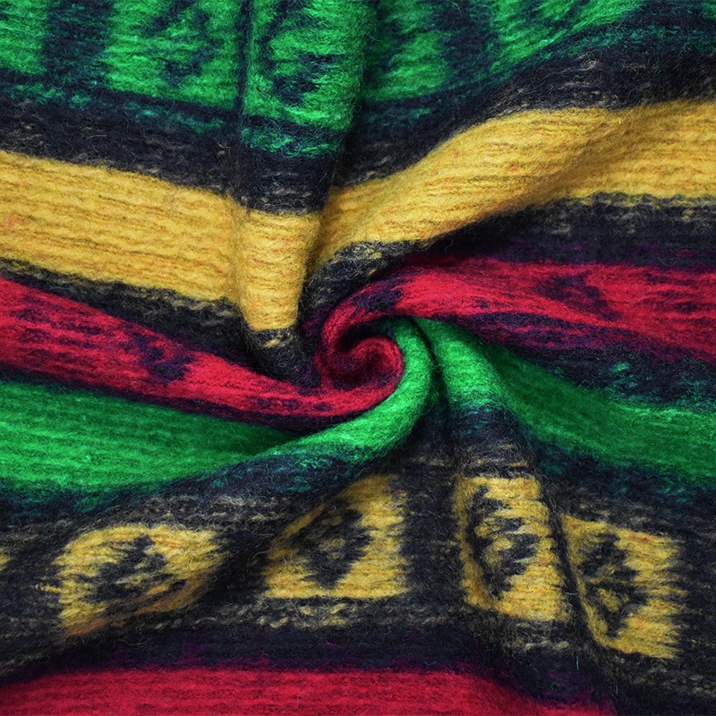 Red-Green-Multi Italian Boiled Wool-Poly Aztec Stripe Knit Coating Fabric