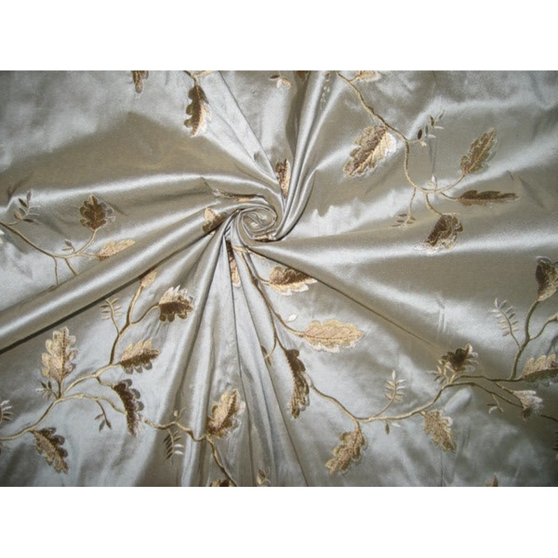 SILK DUPIONI Fabric Floral Embroidery Blue x Beige shot 54" wide