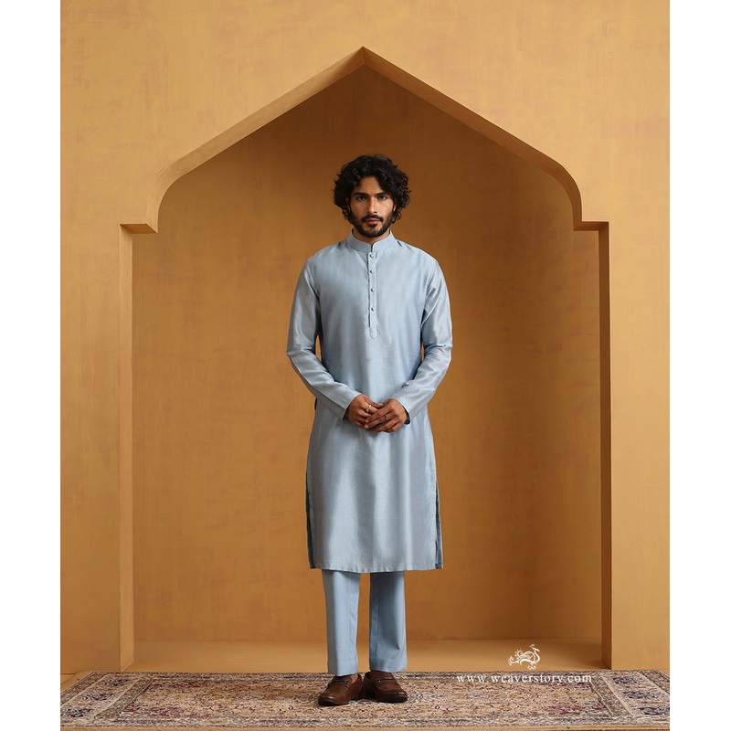 Blue Chanderi Kurta Set With Moonga Silk Nehru Jacket