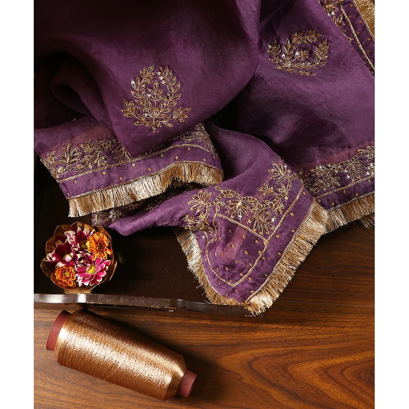 Purple Dual Shade Handloom Organza Dupatta With Hand Embroidered Zardozi Borders And Boota