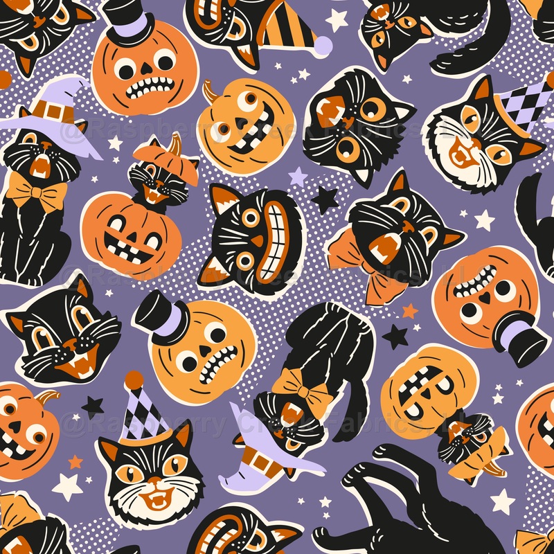 Retro Halloween Black Cats by MirabellePrint / Purple