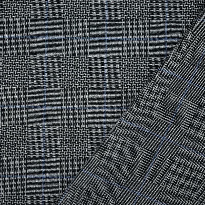 Black-Gray-Blue Wool Polyester Glen Plaid Check Shirting Woven Fabric
