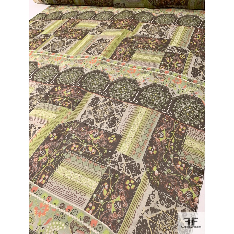 Bohemian Geometric Collage Printed Crinkled Silk Chiffon - Lime Green / Brown / Coral