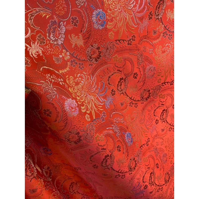 Red & Gold Paisley Mums Floral - Faux Silk Brocade Jacquard Fabric