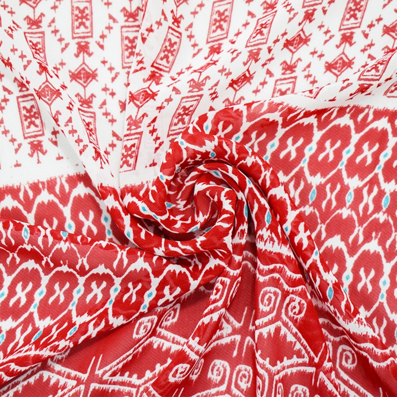 Red-Ivory-Turquoise Poly Aztec Border Printed Chiffon Woven Fabric