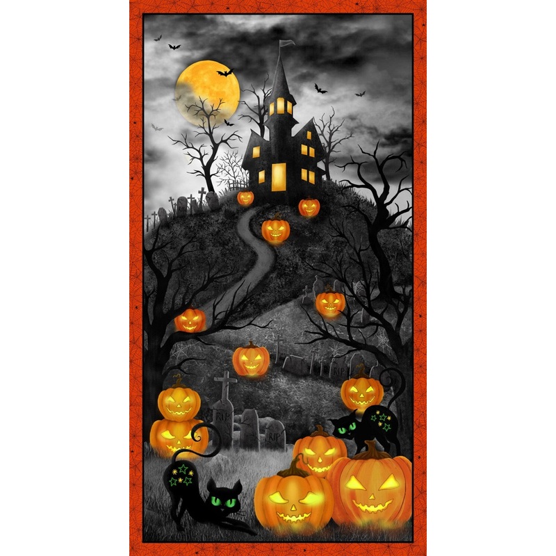 Trick or Treat Haunted House Panel 24" Gray Michael Miller Cotton Fabric MM-DCX10337-GRAY-D