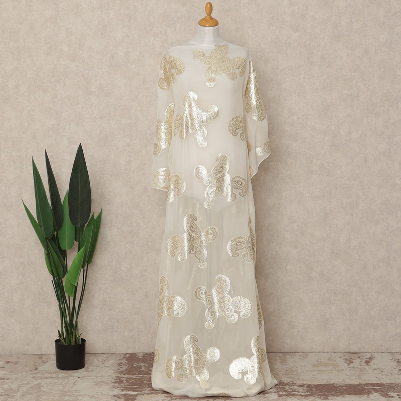 Cream Paisley Traditional Somali Silk Chiffon Dirac Fabric With Metallic Lurex 3.5 Meters, 140 Cms Width, South Korea-D29154
