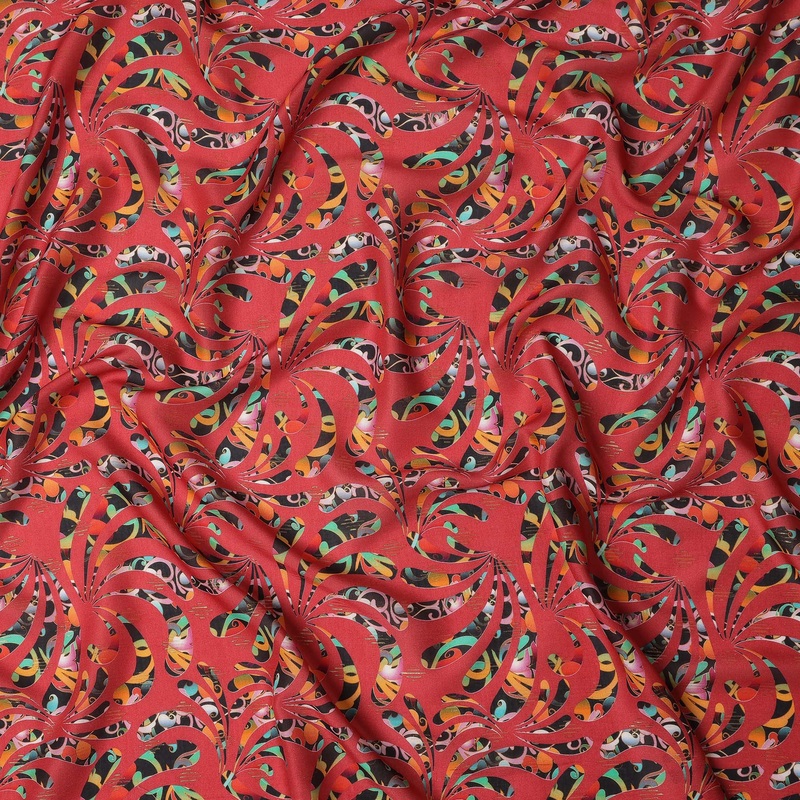Red Abstract Swirl Printed Viscose Crepe Fabric Multicolor Artistic Pattern Soft Flowing Dress Material 110 Cms Width India-D27941