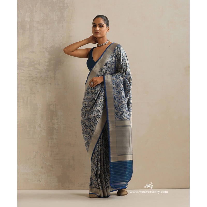 Teal Handloom Katan Silk Kimkhab Shikargah Banarasi Saree With Bird Motifs