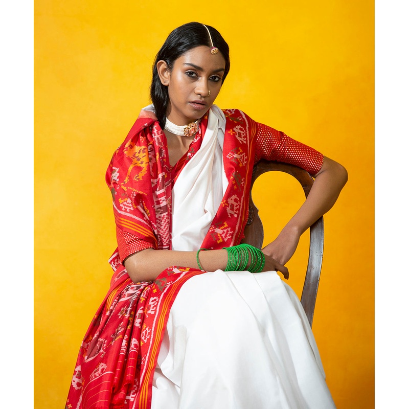 White Handloom Mulberry Silk Patola Saree With Red Border and Pallu with Elephant Motif