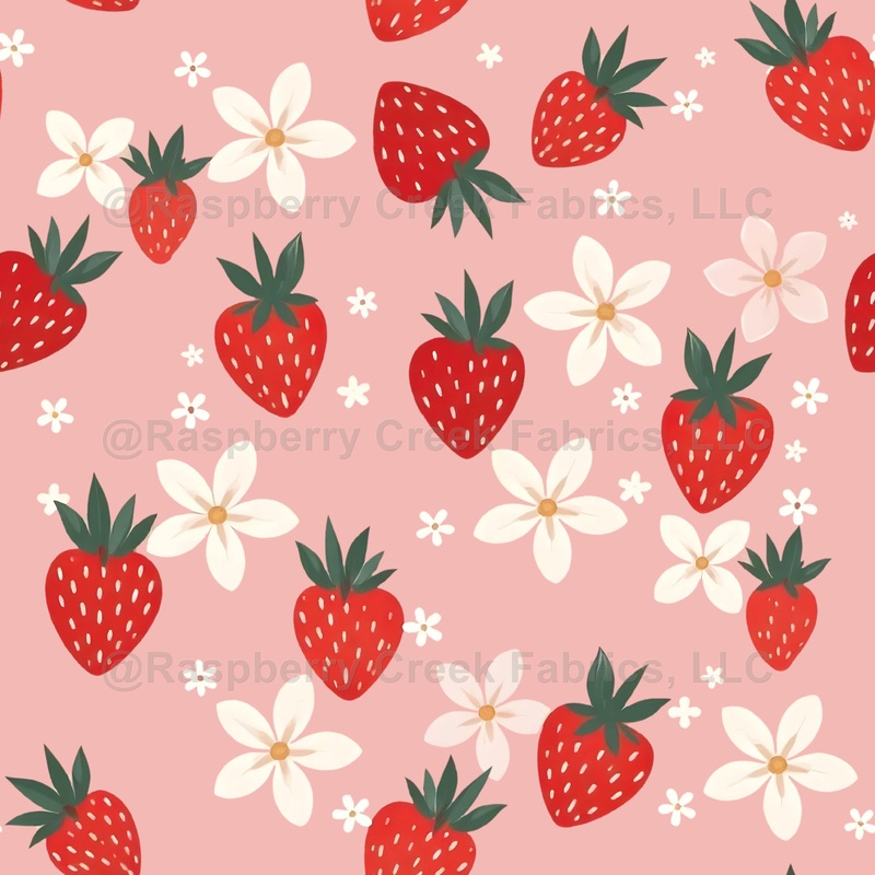 Strawberry and Flower Seamless Pattern on Pink Background
