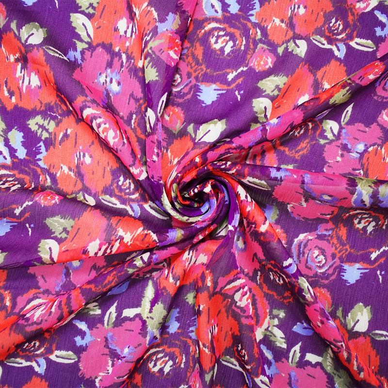 Purple-Red-Multi Poly Ink Floral Printed Crinkle Yoryu Chiffon Woven Fabric