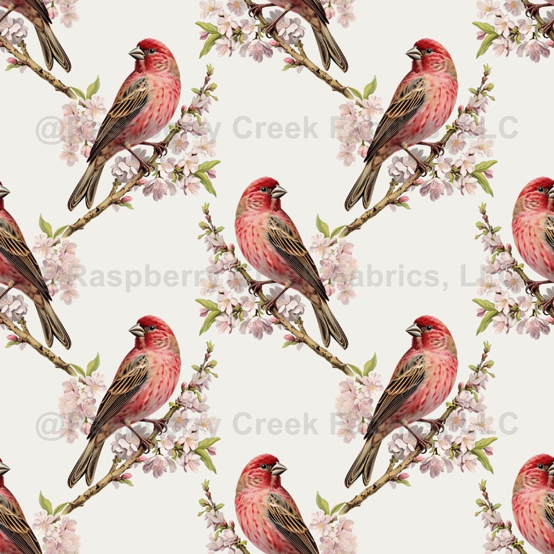 Red Birds, Summer Tanager, Cherry Blossom, Vintage Pattern