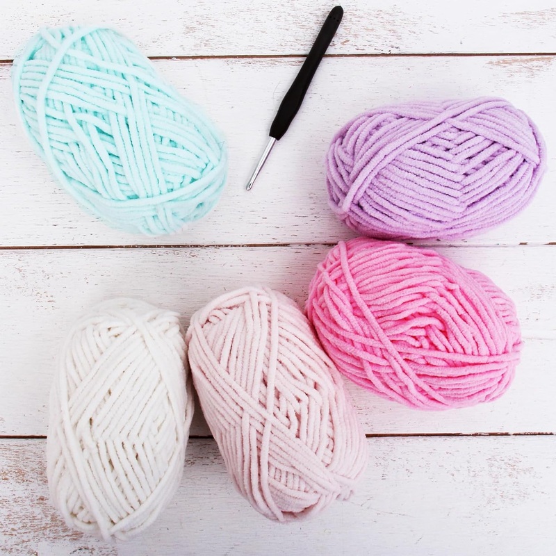 Super Soft Chenille Yarn Set - Pastels - Pack of 5 Skeins - #5-50 Gram Skeins - 60 yds Each