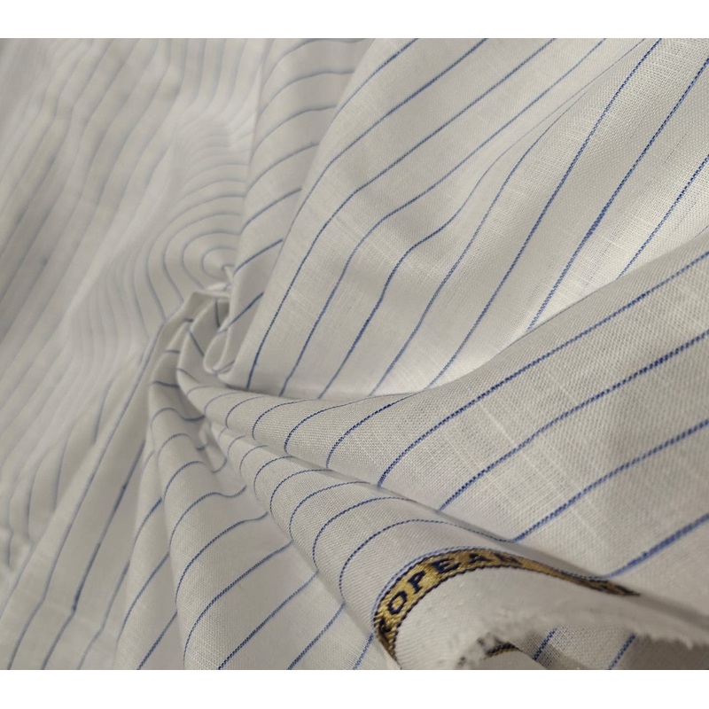 100% Linen stripe 60's Lea Fabric 58" wide available in three colors BLUE/WHITE,GREY/BLUE AND CAMEL/IVORY BLUE AND WHITE