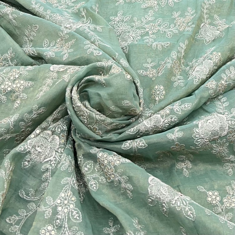 Sage Green Sequins Floral Jal Chanderi Silk Tissue Embroidery