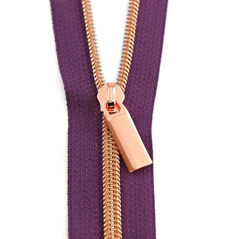#5 Zippers by the Yard Purple Tape Rose Gold Coil