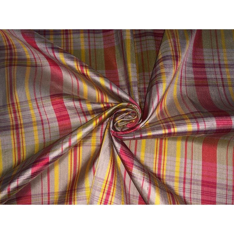 100% PURE SILK DUPIONI FABRIC PLAIDS DEEP SALMON PINK, YELLOW AND DUSTY GREY COLOR 54" WIDE single length 4.10 yds DUPcutC17