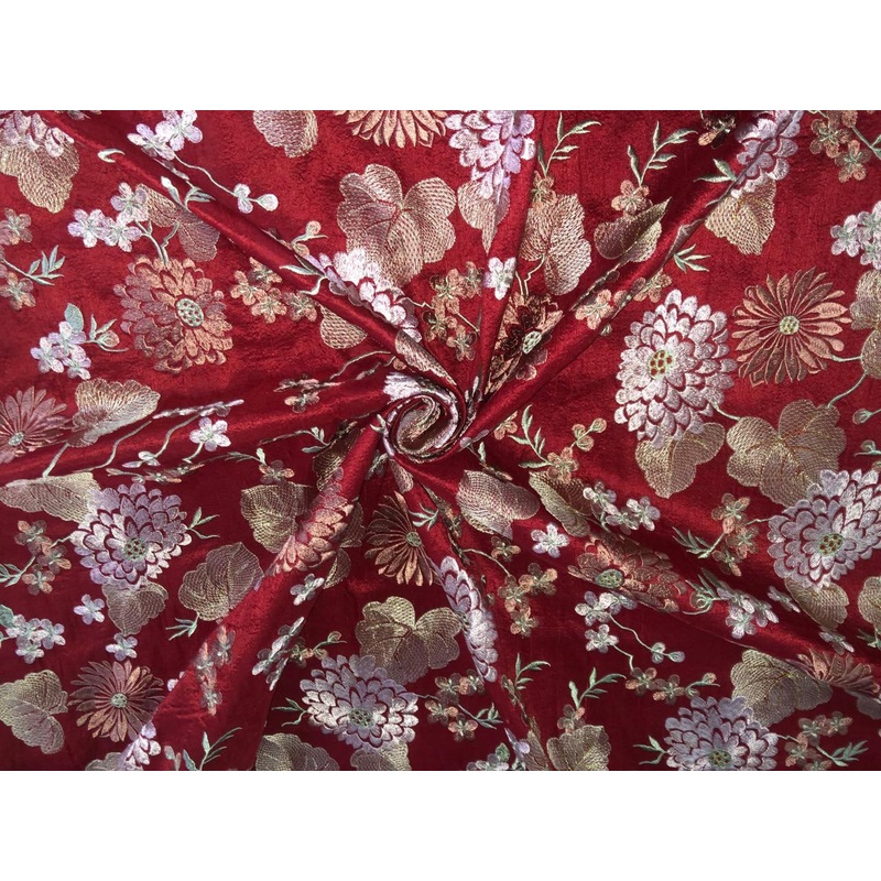 100% Silk dupioni EMBROIDERY 44" WIDE red color with pink and green floral embroidery and subtle metallic gold DUPE70