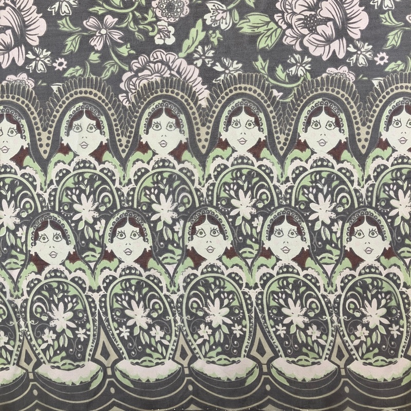 Silk Chiffon Grey Floral Doll Boarder Print