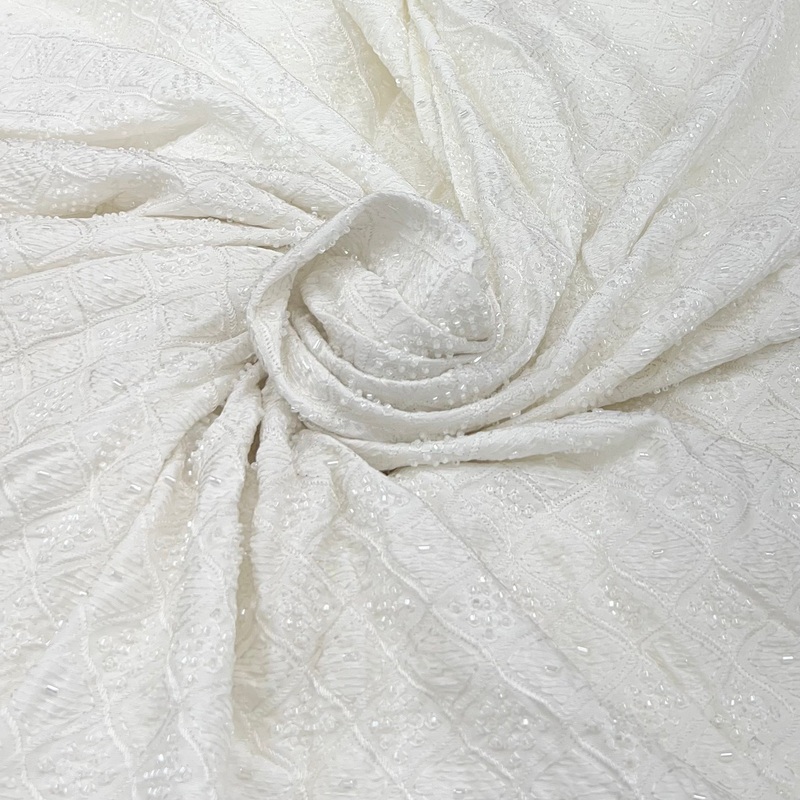 White Geometric Lucknowi Cut Dana Slub Silk Embroidery