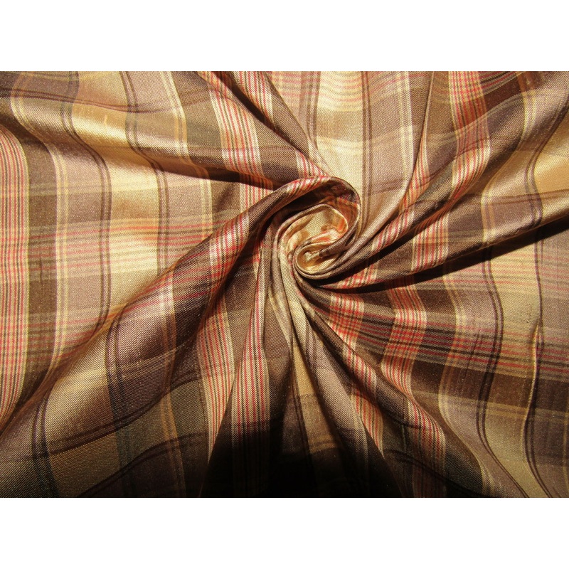 100% silk dupion brown red plaids fabric 54" wide