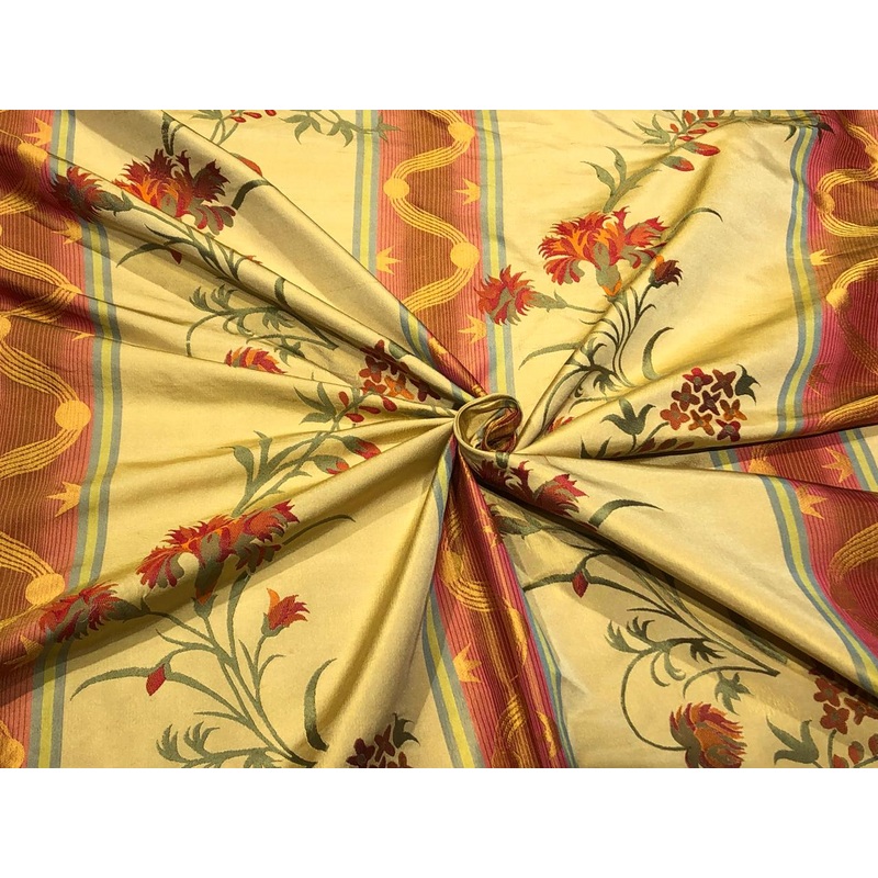 100% Silk Taffeta Jacquard Fabric golden brown with red orange floral jacquard and stripes 54" wide TAFJACNEW24